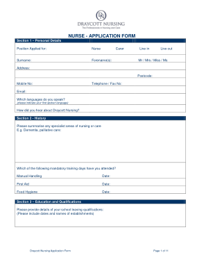 Nursing Job Application Printable Template
