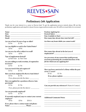 Printable Preliminary Job Application Template