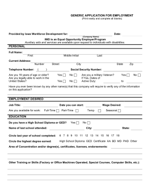 Blank Generic Application for Employment Template