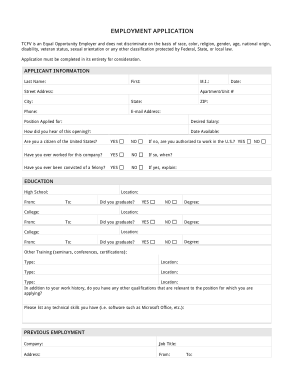 Generic Fillable Employment Application Template