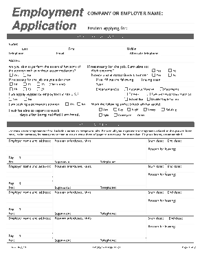 Generic Printable Employment Application Template