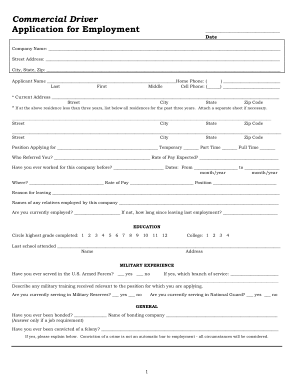 Printable Commercial Driver Application for Employment Template