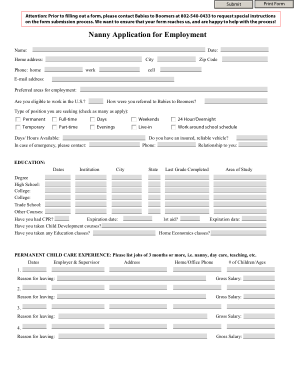 Printable Nanny Application for Employment Template