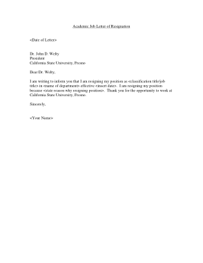 Academic Job Resignation Letter Template