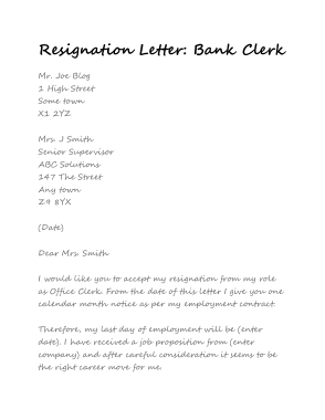 Bank Clerk Resignation Letter Template