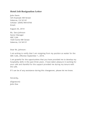 Hotel Job Resignation Letter Template