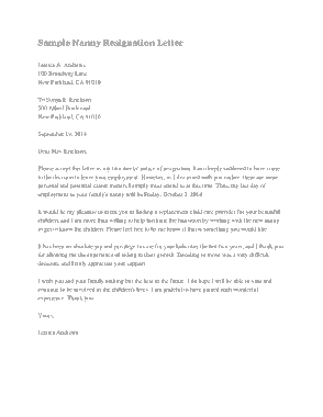 Sample Nanny Resignation Letter Template