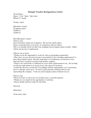 Simple Tender Resignation Letter Template