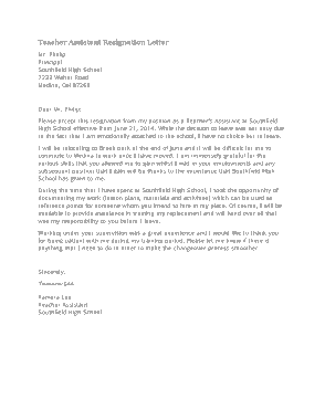 Teacher Assistant Resignation Letter Template