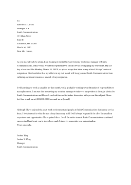 Manager Resignation Letter With 30 Day Notice Template