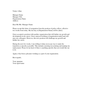 Police Officer Resignation Letter to Manager Template