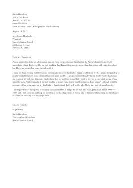 Resignation Letter to Teacher due To Health Problem Template