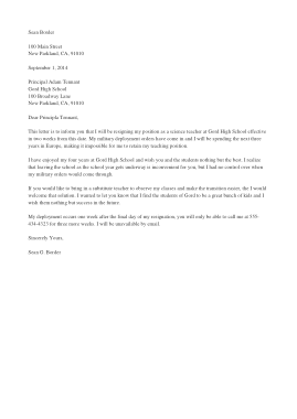 Teacher Resignation Letter to Principal Sample Template