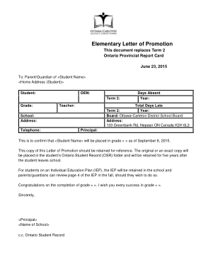 Elementary Student Promotion Letter Template