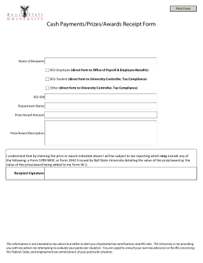 Employee Cash Payment Award Receipt Form Template