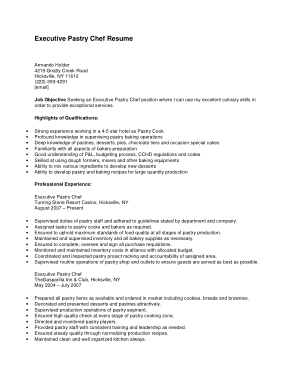 Executive Pastry Chef Resume Template