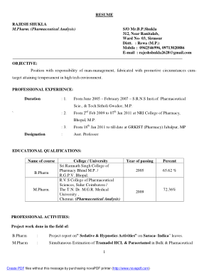 Pharmacy Fresher Resume PDF Template