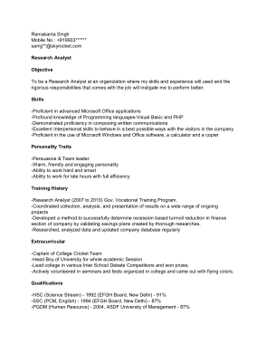 Research Analyst fresher resume Template