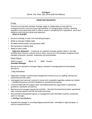 Assistant Manager Position Resume Template