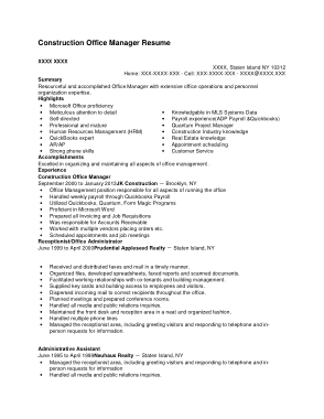 Construction Office Manager Resume Template