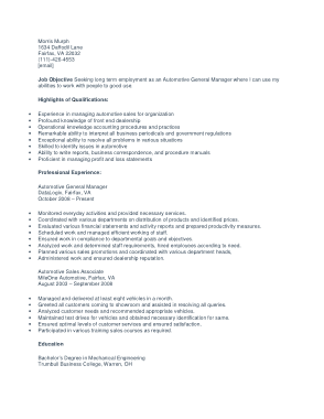 Resume for Automotive General Manager Template