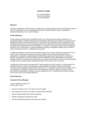 Resume for Customer Service Manager Template