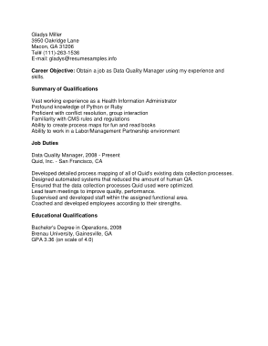 Resume for Data Quality Manager Template