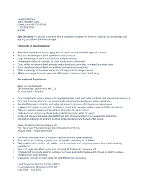 Resume of Bank Service Manager Template