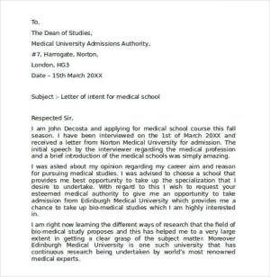Sample Letter of Intent Medical School Template
