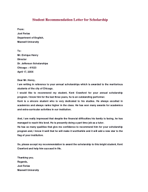 Student Recommendation Letter for Scholarship Template