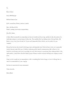 Personal Recommendation Letter Sample Template