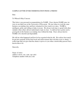 Recommendation Letter For A Friend Template