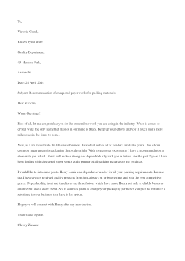 Sample Business Recommendation Letter Template