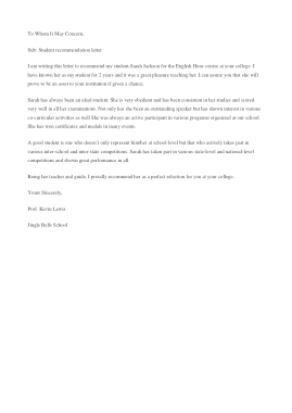 Recommendation Letter Sample For Student Template