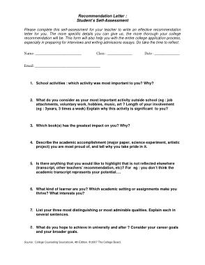 Student Self Assessment Recommendation Letter Template