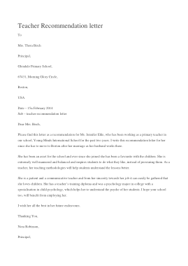 Primary School Teacher Recommendation letter Template
