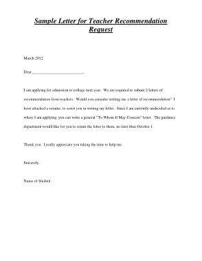 Sample Letter for Teacher Recommendation Request Template