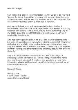 Sample Teacher Assistant Recommendation Letter Template