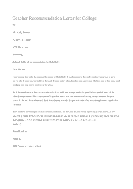 Sample Teacher Recommendation Letter for College Template