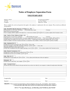 Notice of Employee Separation Form Template
