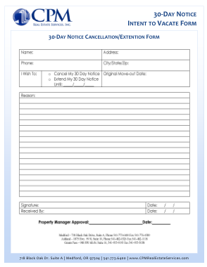 30 Day Cancellation or Extention Notice Form Template