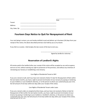 Fourteen Days Notice to Quit for Nonpayment of Rent Template