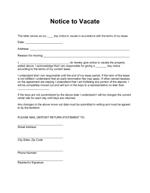 Legal Form Notice to Vacate Template
