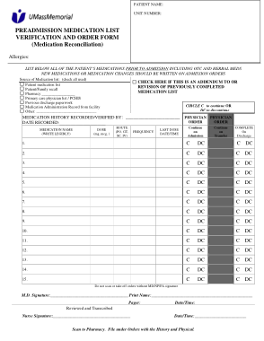 Preadmission Medication List Verification and Order Form Template