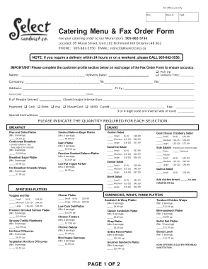Catering Menu and Fax Order Form Template