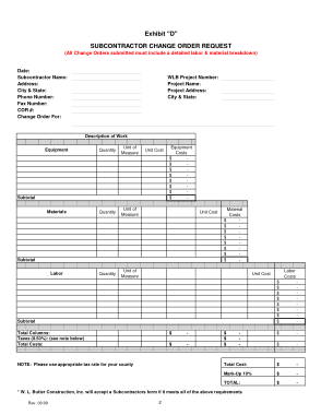 SubContractor Change Order Request Form Template