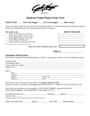 Duplicate Trophy Order Form Template