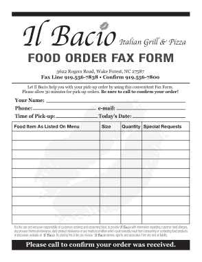 Food Order Fax Form Example Template