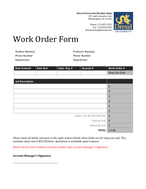 Drexelmachine Shop Work Order Form Template