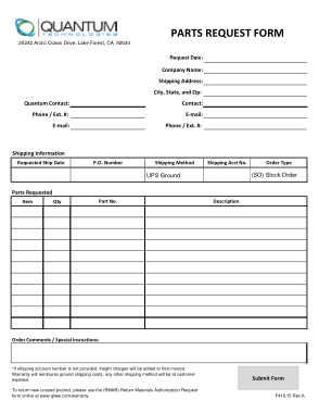 Parts Order Request Form Template